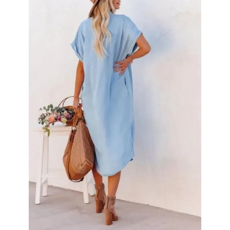 Vestido Longo Chemise Midi Casual com Bolsos Laterais - Emanuelle