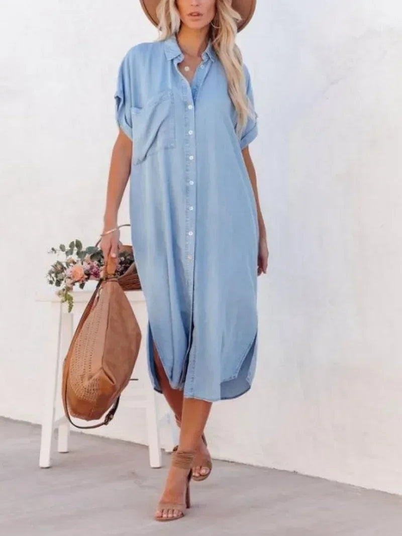 Vestido Longo Chemise Midi Casual com Bolsos Laterais - Emanuelle