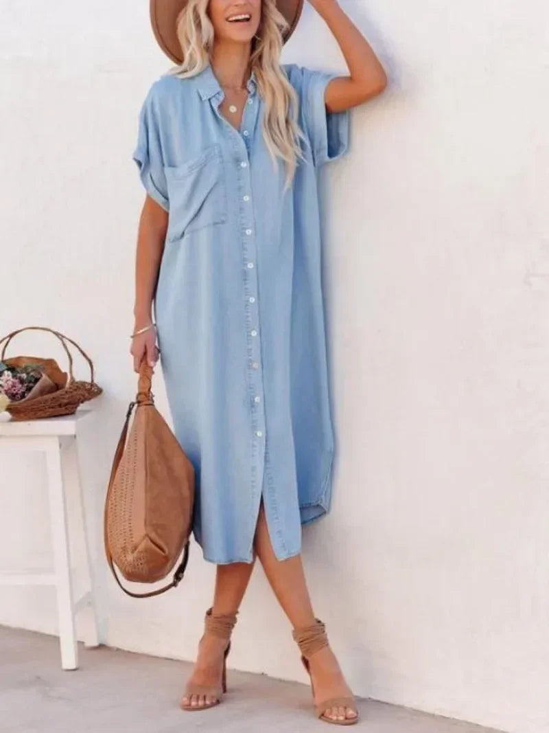 Vestido Longo Chemise Midi Casual com Bolsos Laterais - Emanuelle