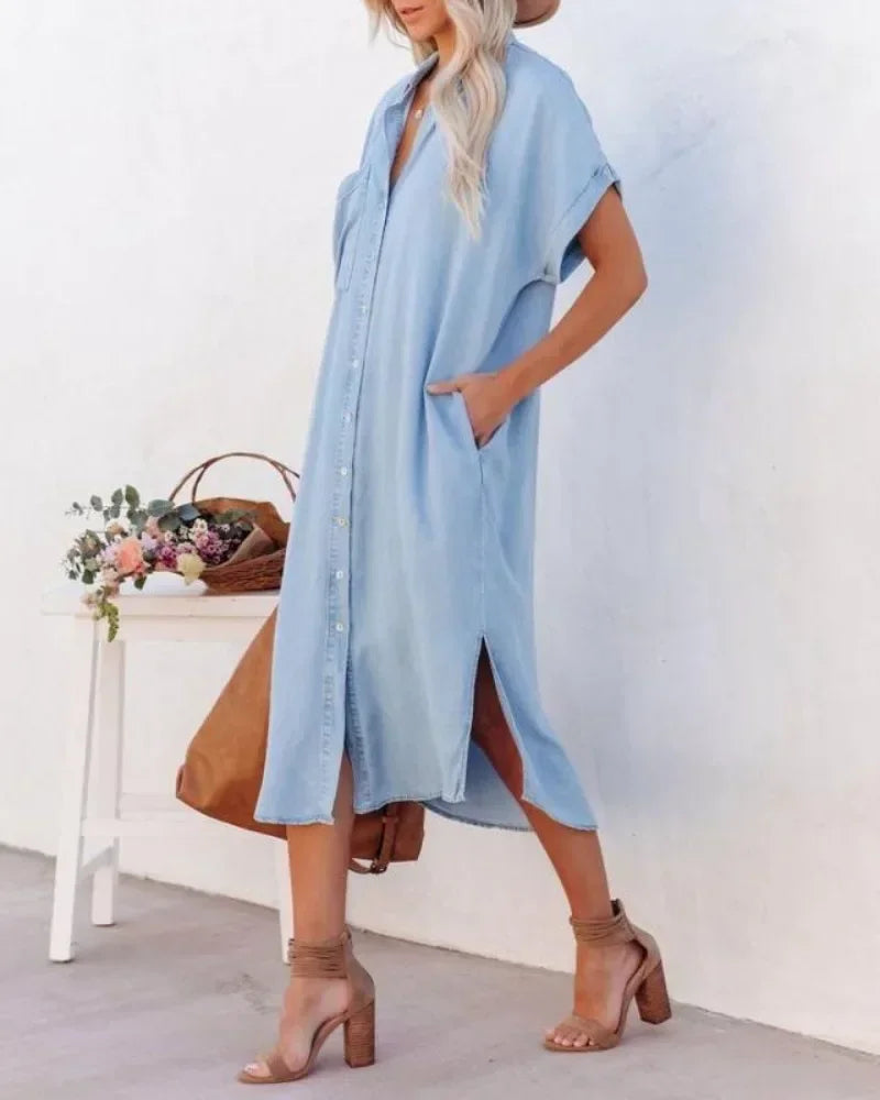 Vestido Longo Chemise Midi Casual com Bolsos Laterais - Emanuelle