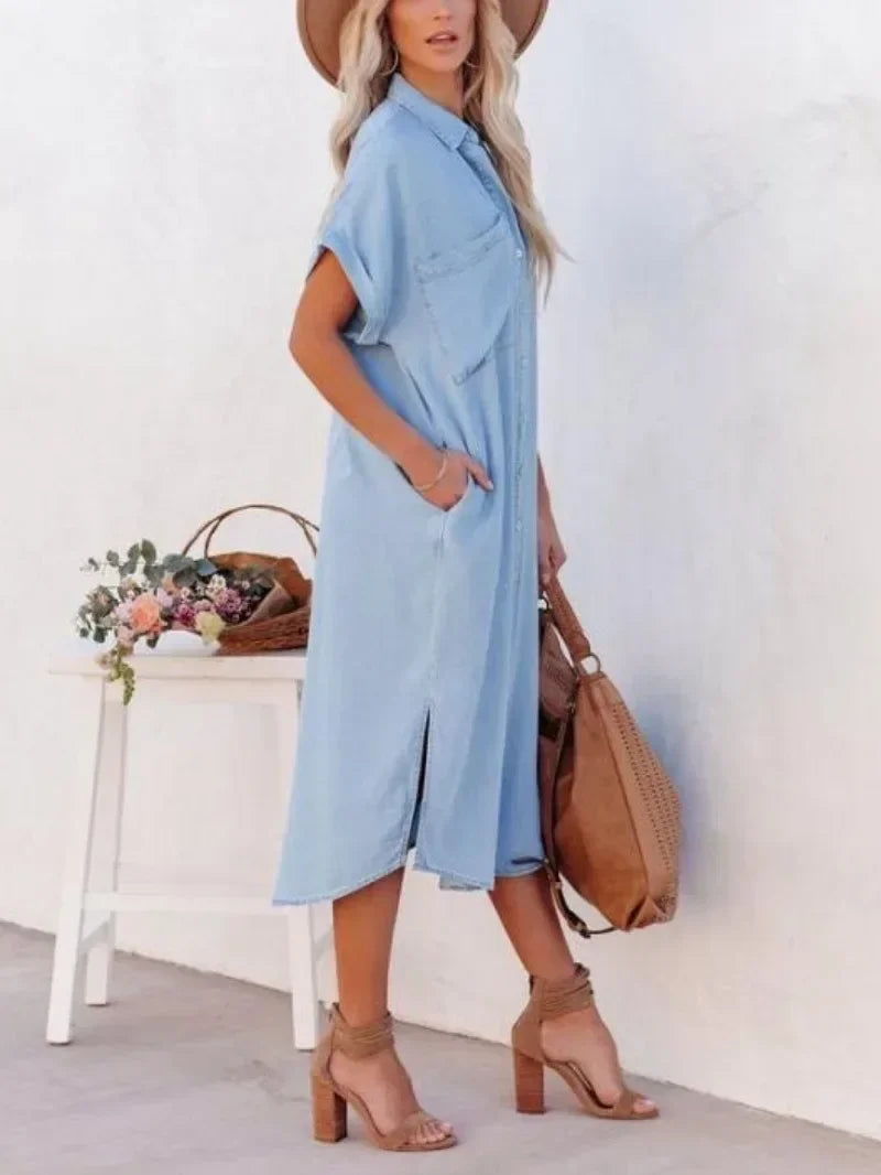 Vestido Longo Chemise Midi Casual com Bolsos Laterais - Emanuelle