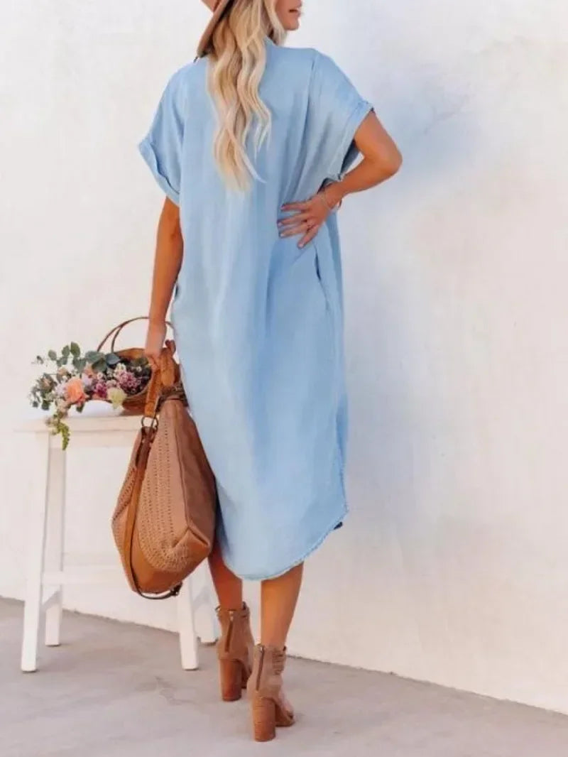 Vestido Longo Chemise Midi Casual com Bolsos Laterais - Emanuelle