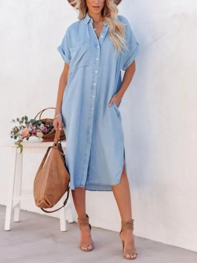 Vestido Longo Chemise Midi Casual com Bolsos Laterais - Emanuelle