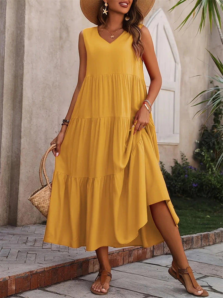 Vestido Longo Elegante com Estilo Casual Boho com Babados Regata Cores Verão 2026 - Heloísa