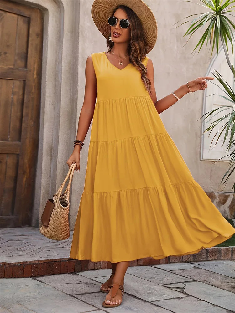 Vestido Longo Elegante com Estilo Casual Boho com Babados Regata Cores Verão 2026 - Heloísa
