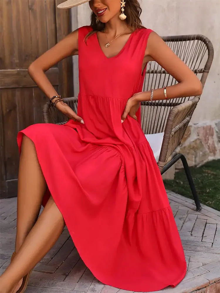 Vestido Longo Elegante com Estilo Casual Boho com Babados Regata Cores Verão 2026 - Heloísa