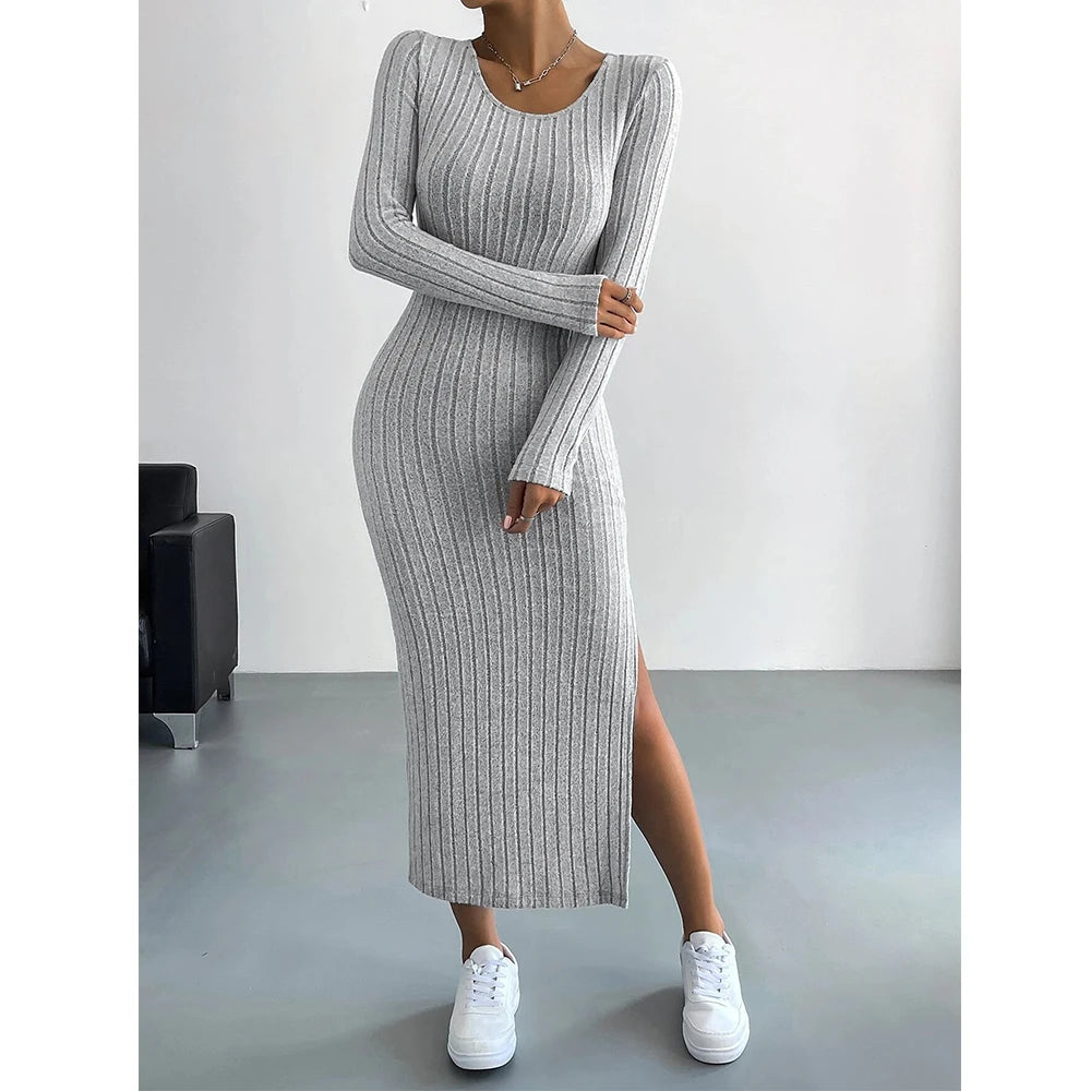  Vestidos femininos outono inverno malha listra dividida em U pescoço elástico básico bodycon comprimento total casual maxi vestidos longos