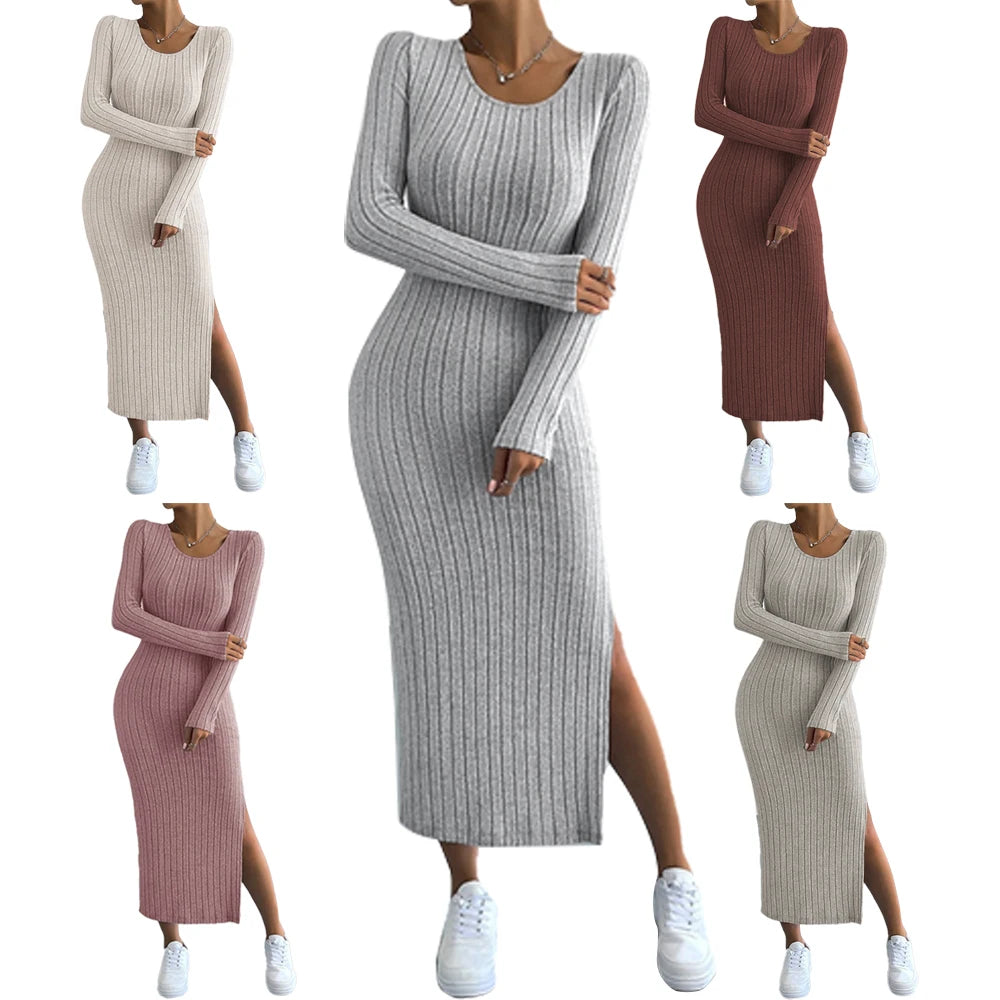 
 Vestidos femininos outono inverno malha listra dividida em U pescoço elástico básico bodycon comprimento total casual maxi vestidos longos