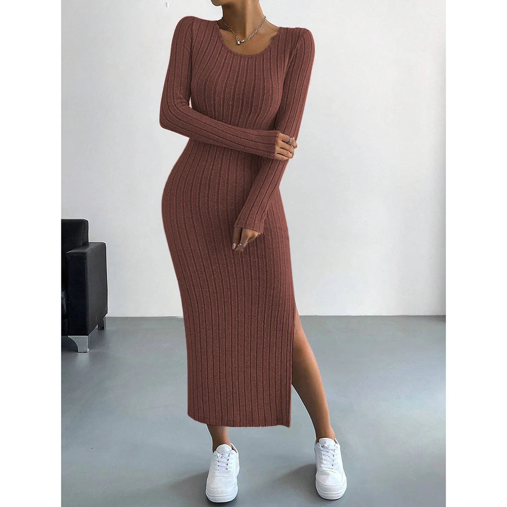 
 Vestidos femininos outono inverno malha listra dividida em U pescoço elástico básico bodycon comprimento total casual maxi vestidos longos