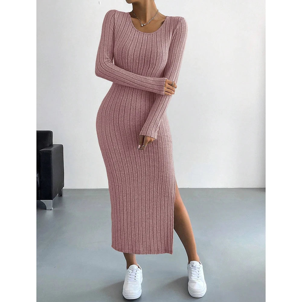 
 Vestidos femininos outono inverno malha listra dividida em U pescoço elástico básico bodycon comprimento total casual maxi vestidos longos