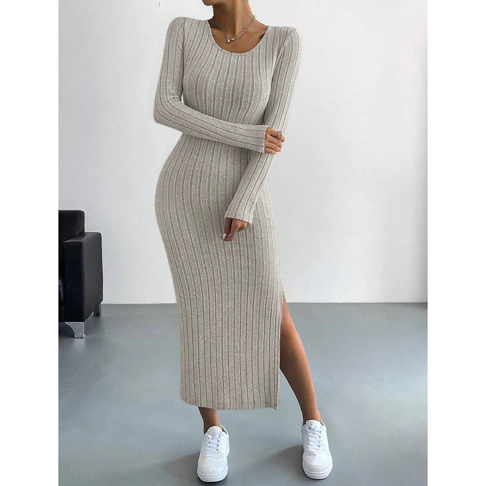 
 Vestidos femininos outono inverno malha listra dividida em U pescoço elástico básico bodycon comprimento total casual maxi vestidos longos