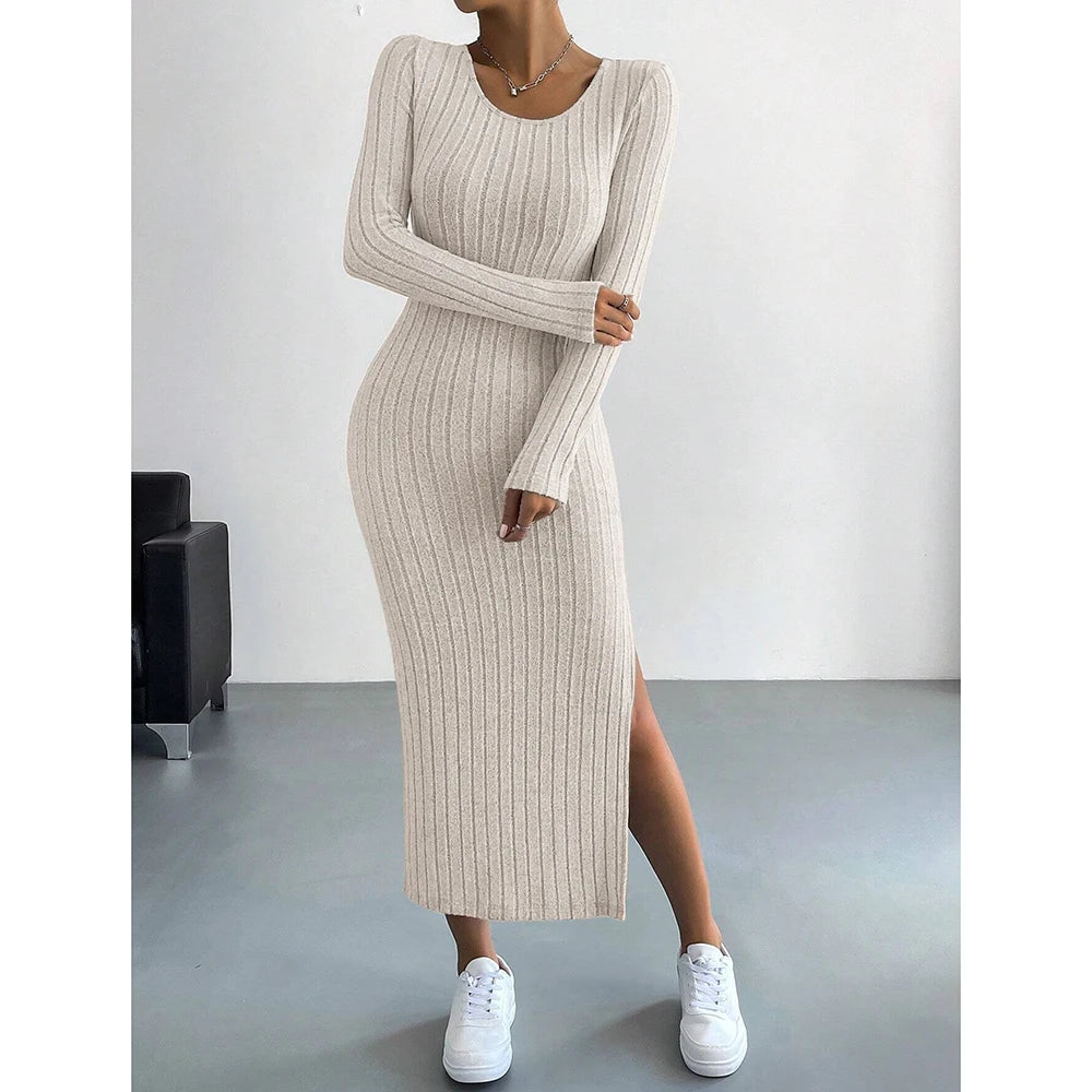 
 Vestidos femininos outono inverno malha listra dividida em U pescoço elástico básico bodycon comprimento total casual maxi vestidos longos