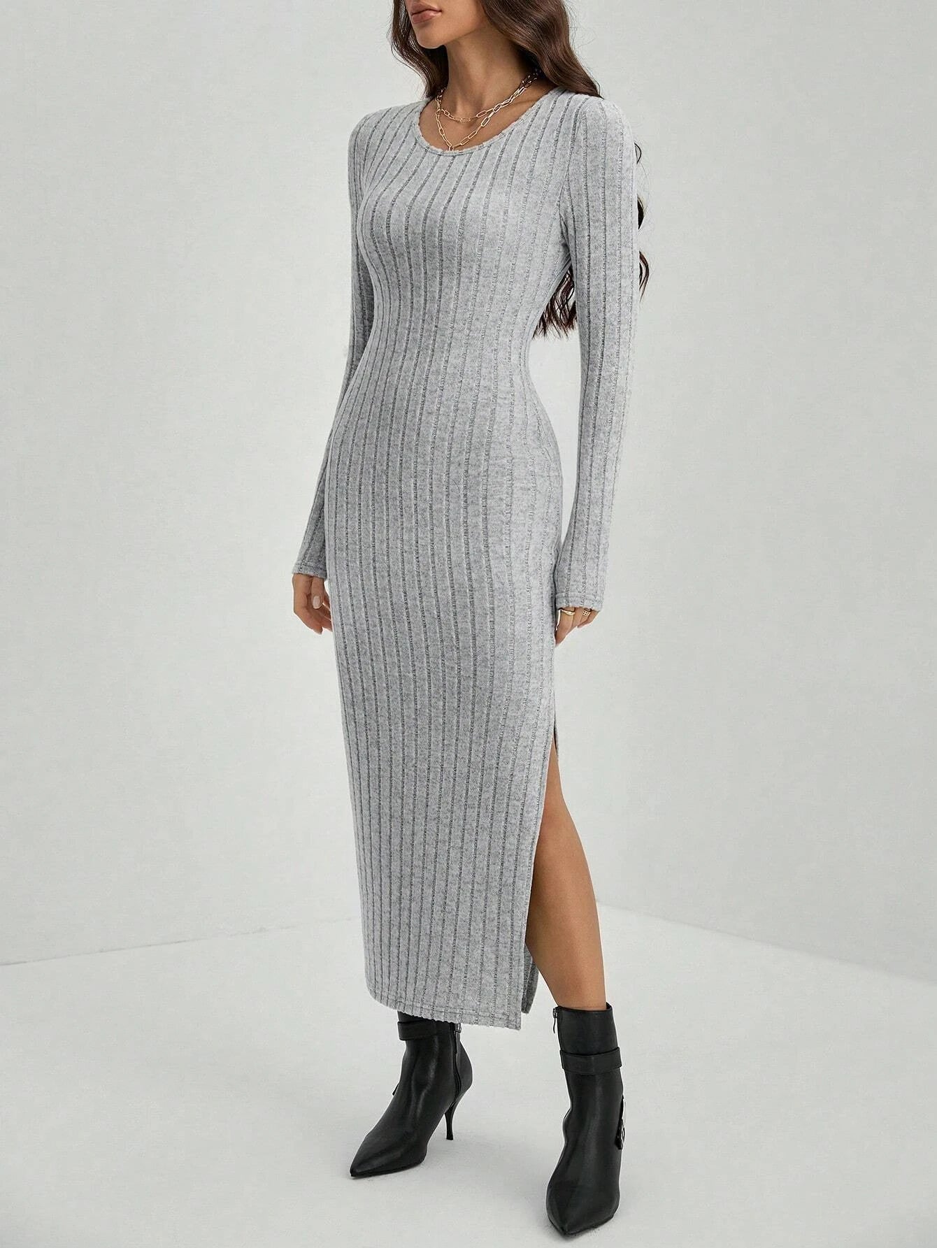 
Vestidos femininos outono inverno malha listra dividida em U pescoço elástico básico bodycon comprimento total casual maxi vestidos longos