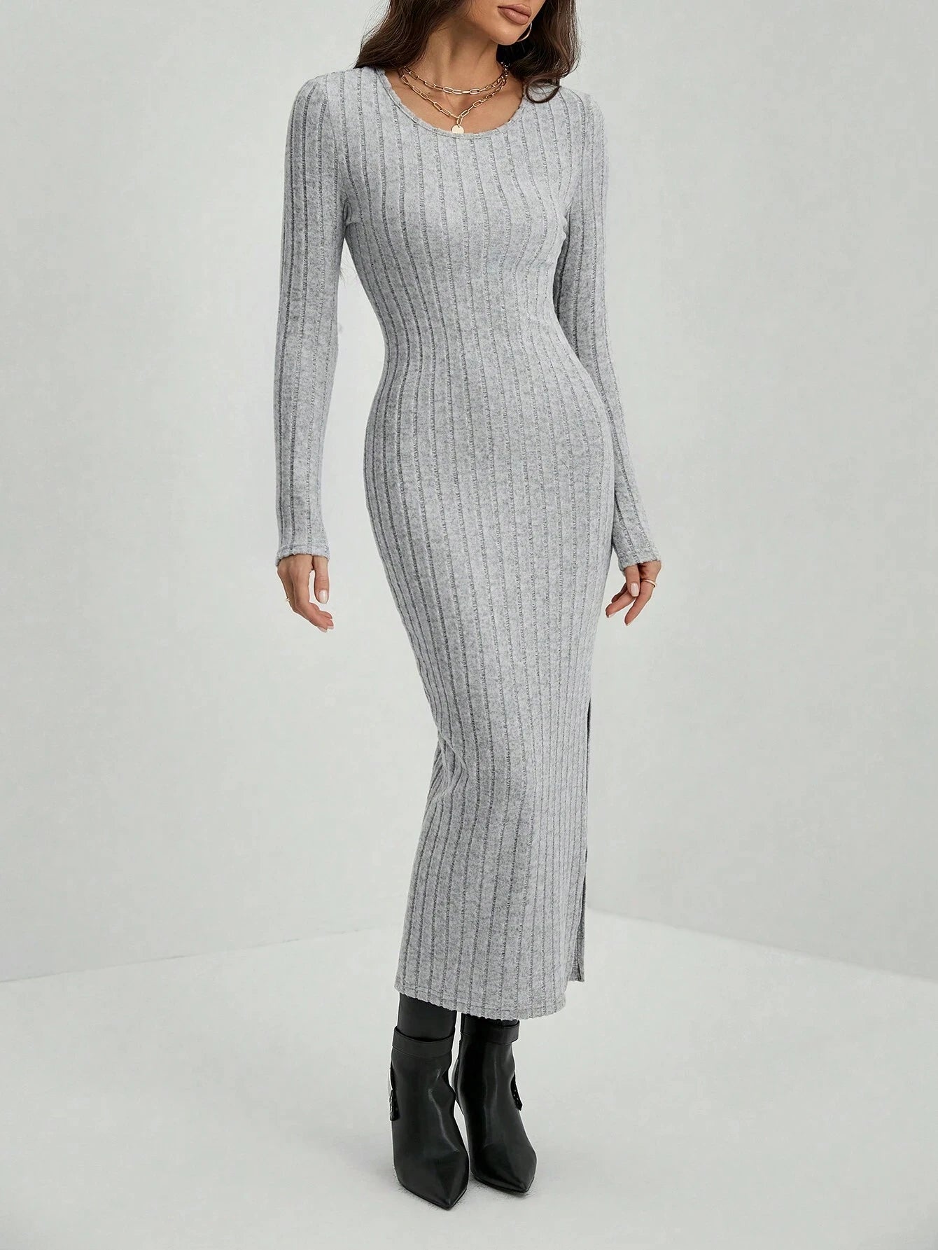 
Vestidos femininos outono inverno malha listra dividida em U pescoço elástico básico bodycon comprimento total casual maxi vestidos longos