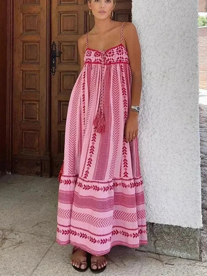Vestido Longo Feminino Bustier Crocket  Alças tipo Macarrão Estampa Bordada - Greta