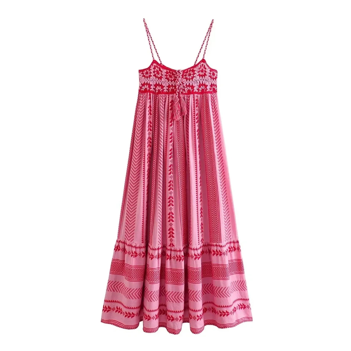 Vestido Longo Feminino Bustier Crocket  Alças tipo Macarrão Estampa Bordada - Greta