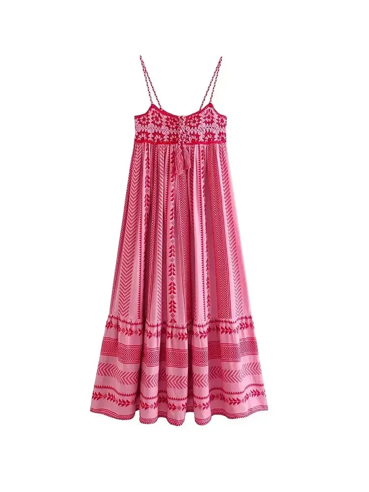 Vestido Longo Feminino Bustier Crocket  Alças tipo Macarrão Estampa Bordada - Greta