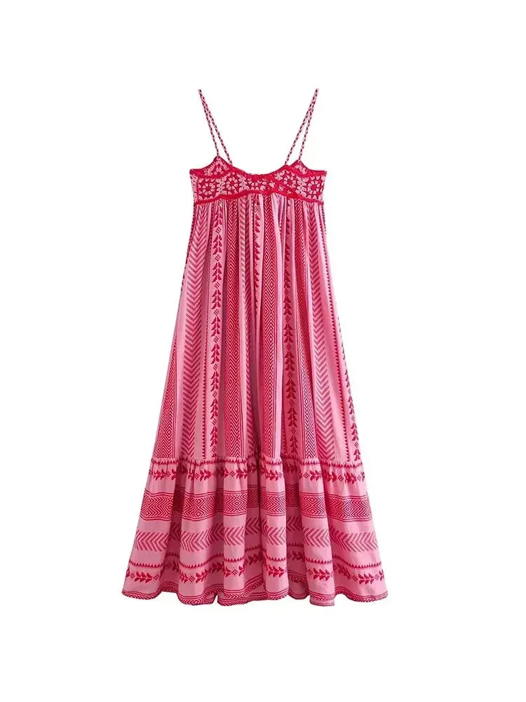 Vestido Longo Feminino Bustier Crocket  Alças tipo Macarrão Estampa Bordada - Greta