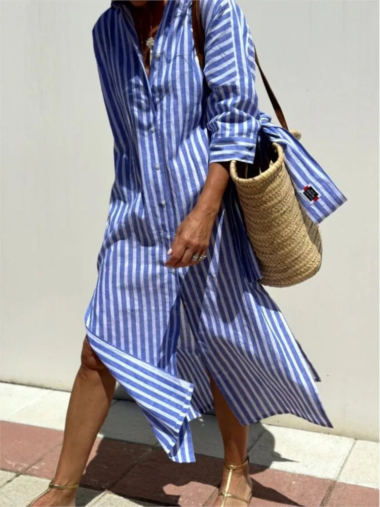Vestido Longo Feminino Camisa Botões Frontal Chemise Estampado - Nubia