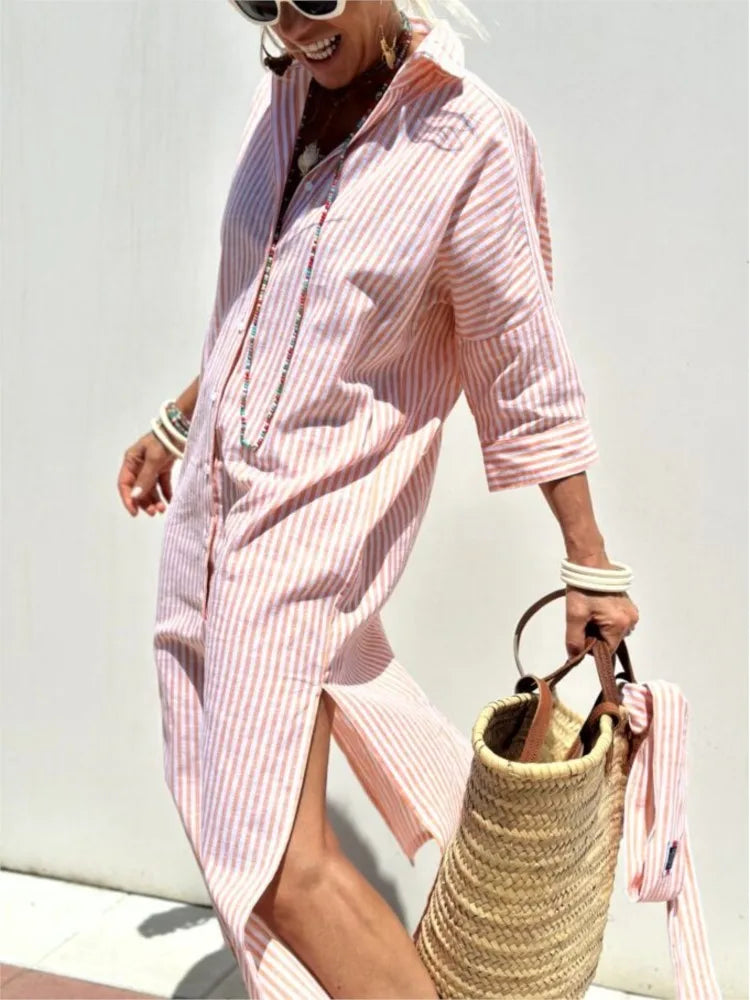 Vestido Longo Feminino Camisa Botões Frontal Chemise Estampado - Nubia