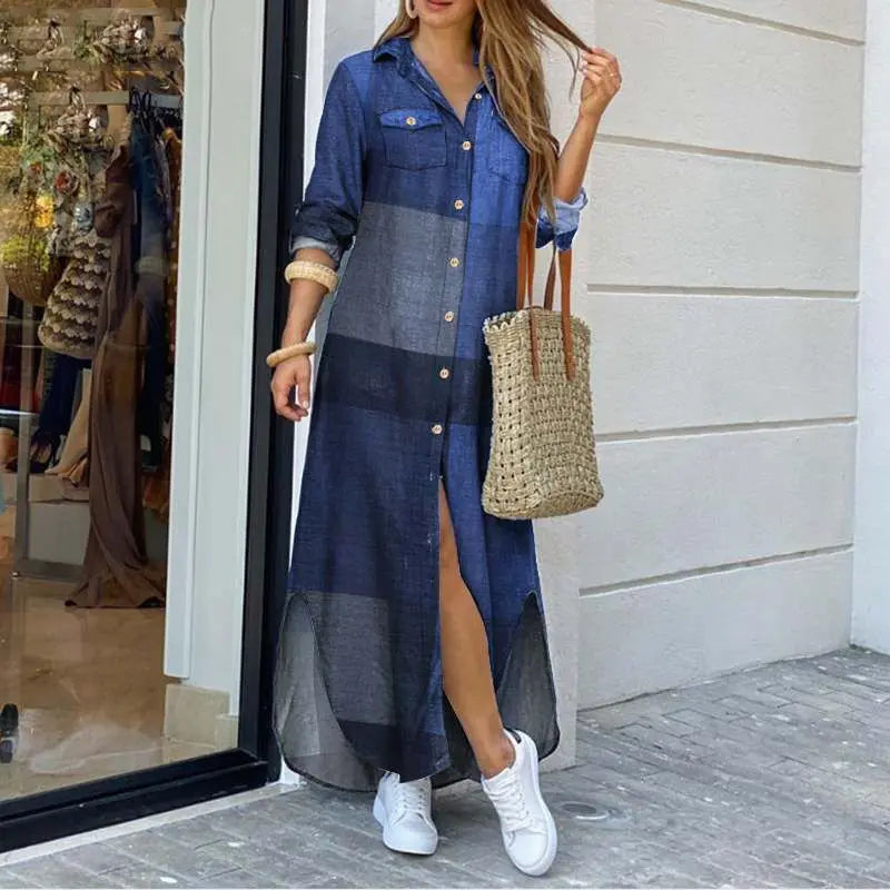Vestido Longo Feminino Chemise Xadrez Elegante com Gola Polo e Botões -Aurora