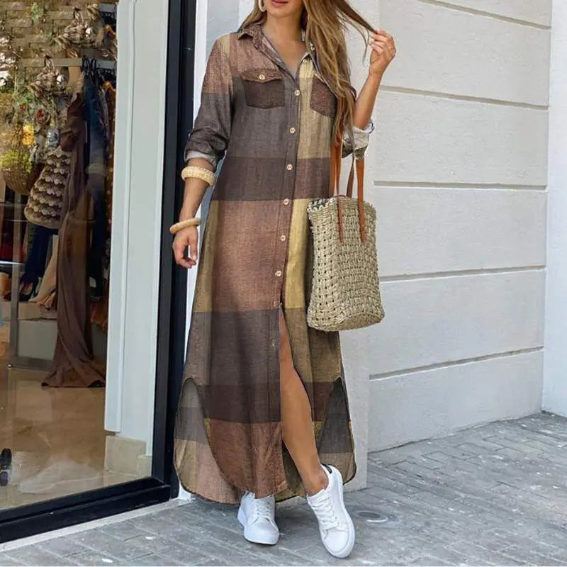 Vestido Longo Feminino Chemise Xadrez Elegante com Gola Polo e Botões -Aurora