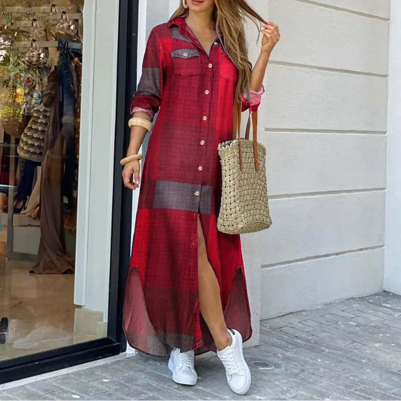 Vestido Longo Feminino Chemise Xadrez Elegante com Gola Polo e Botões -Aurora