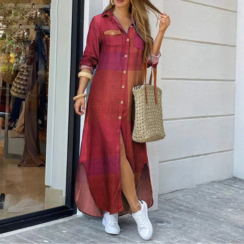 Vestido Longo Feminino Chemise Xadrez Elegante com Gola Polo e Botões -Aurora