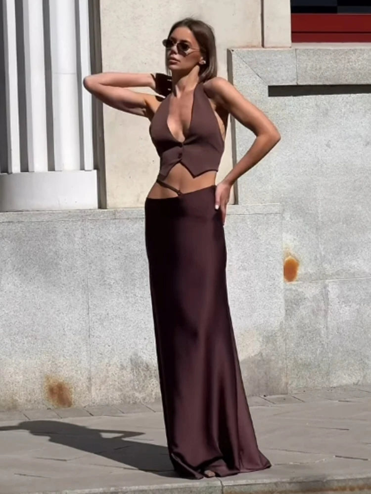 Vestido Longo Feminino Conjunto 2 Peças Top Curto e Saia Longa Sexy e Elegante - Marilyn