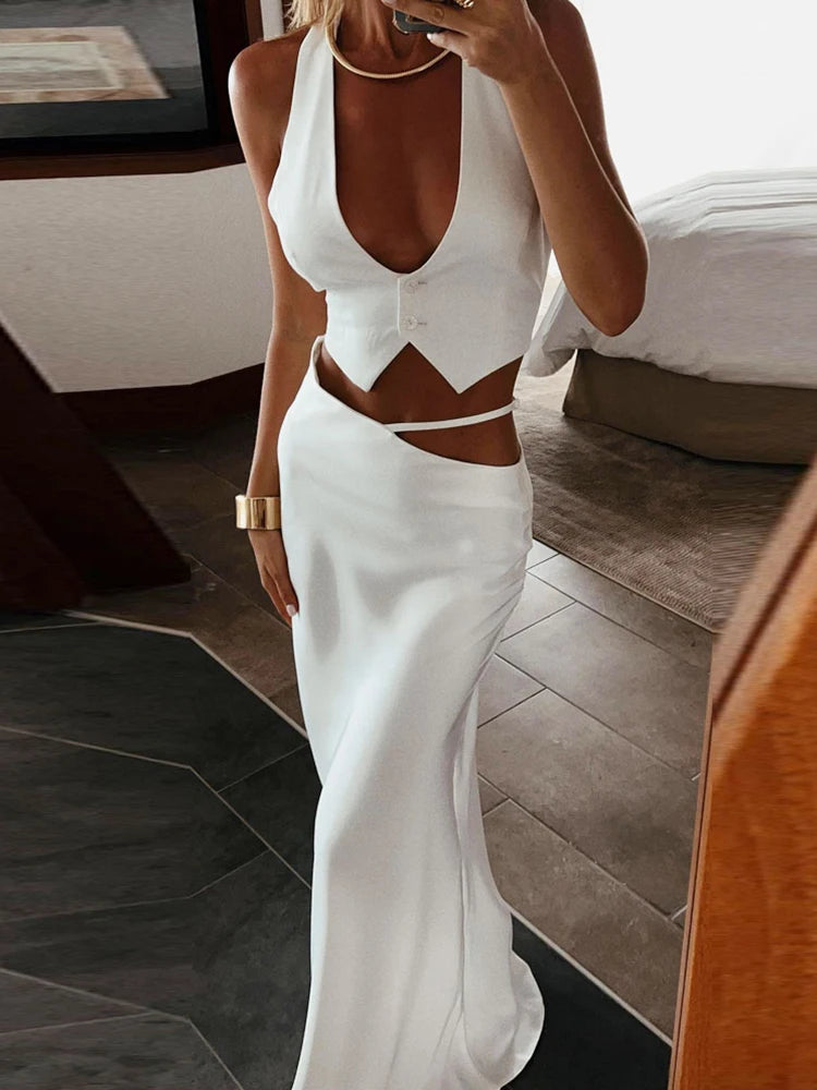 Vestido Longo Feminino Conjunto 2 Peças Top Curto e Saia Longa Sexy e Elegante - Marilyn