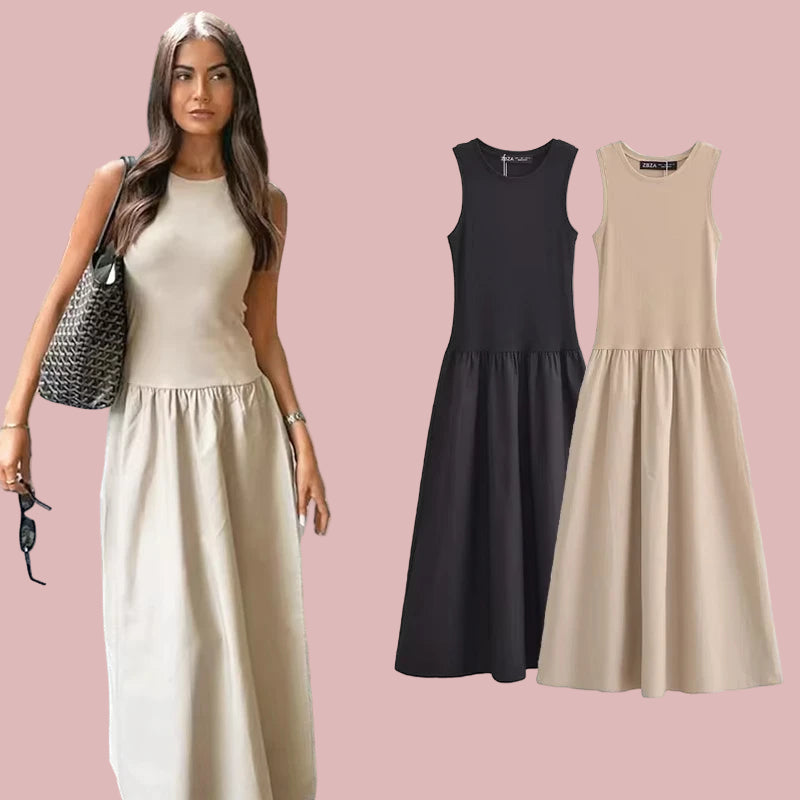 Vestido Longo Feminino Elegante Preto e Caqui Primavera Verão 2026 Moda Casual - Ursura 