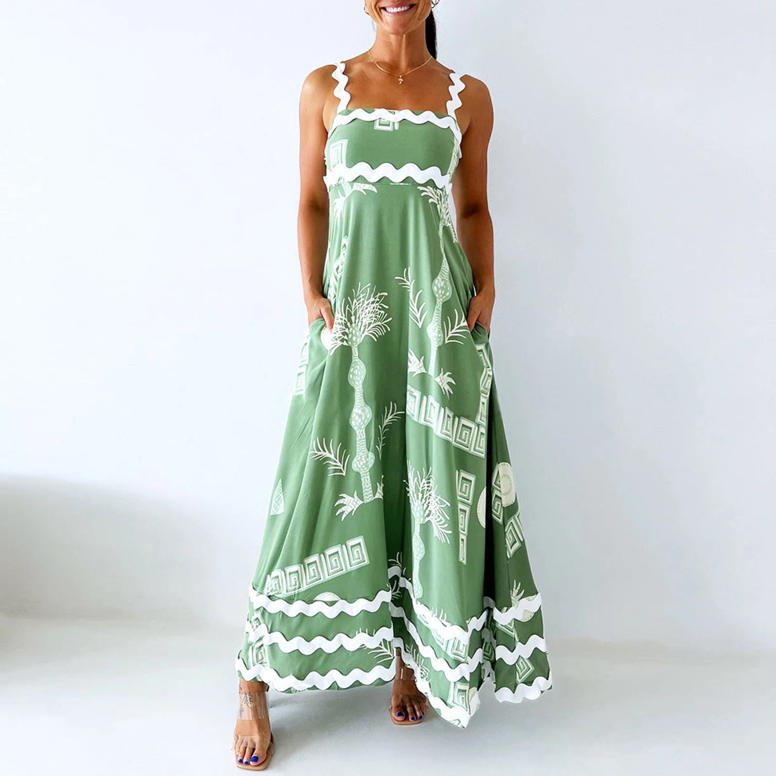 Vestido Longo Feminino Estampa Digital Sem Mangas Com Bolsos - Mirella