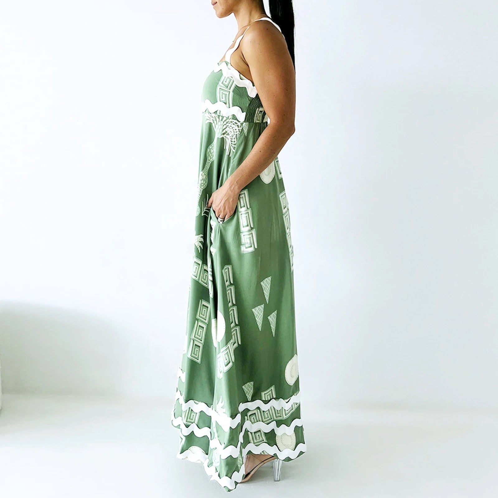 Vestido Longo Feminino Estampa Digital Sem Mangas Com Bolsos - Mirella