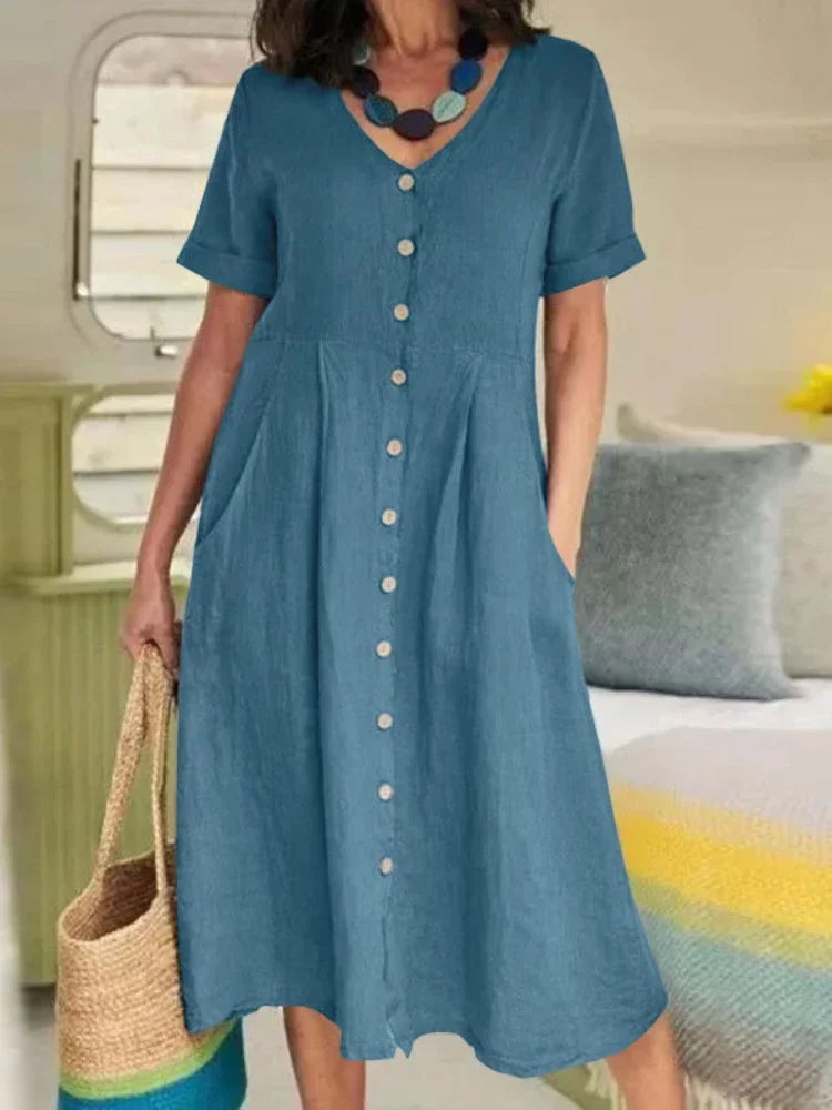 Vestido Longo Feminino Estilo Chemise Elegante Casual Chic Decote V Tamanhos Plus Size ate 5XG Verão 2026 - Renata