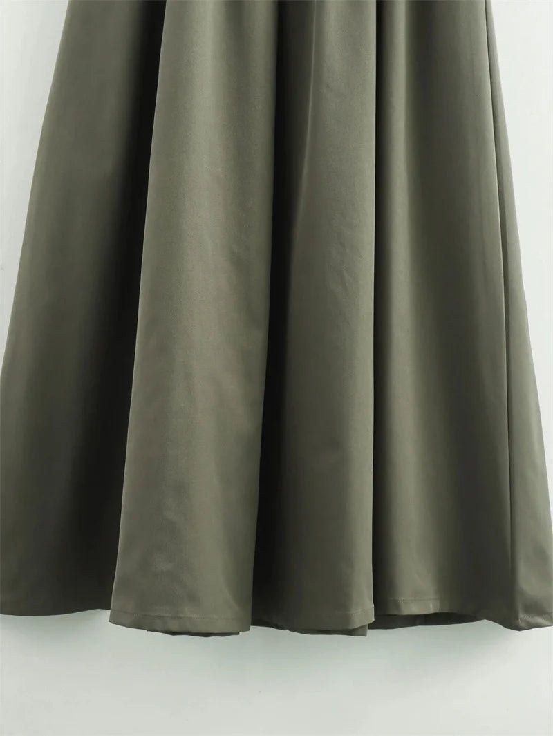 Vestido Longo Feminino Midi Elegante Cintura Marcada Verde Militar Beige Verão 2026