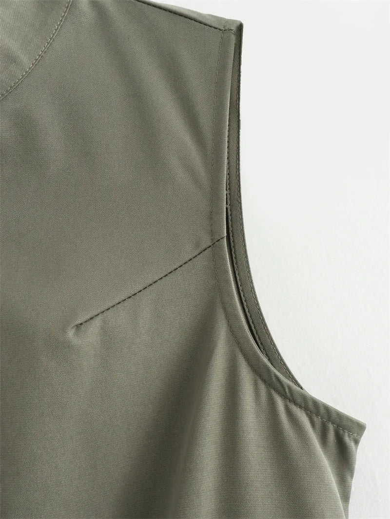 Vestido Longo Feminino Midi Elegante Cintura Marcada Verde Militar Beige Verão 2026