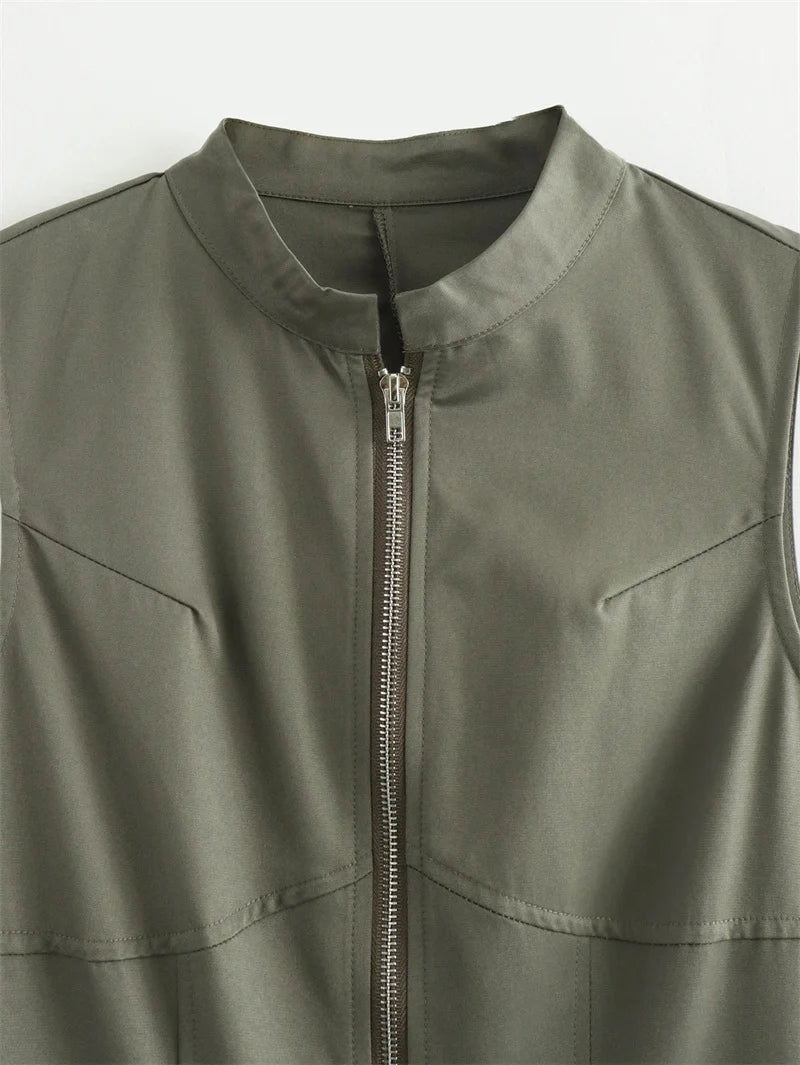 Vestido Longo Feminino Midi Elegante Cintura Marcada Verde Militar Beige Verão 2026