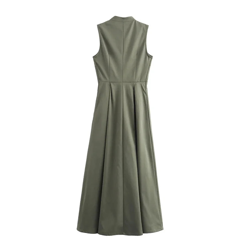 Vestido Longo Feminino Midi Elegante Cintura Marcada Verde Militar Beige Verão 2026