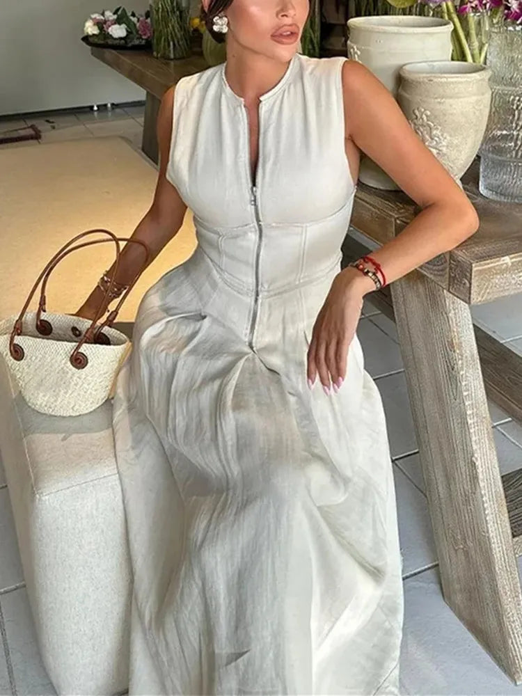 Vestido Longo Feminino Midi Elegante Cintura Marcada Verde Militar Beige Verão 2026