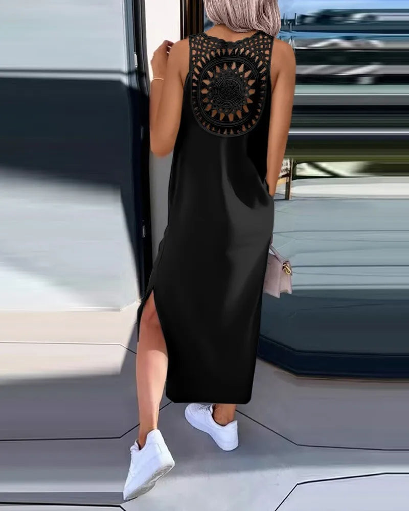  vestido longo moda feminina sem mangas o pescoço maxi vestidos para mulher 2024 verão feminino magro split vestidos preto