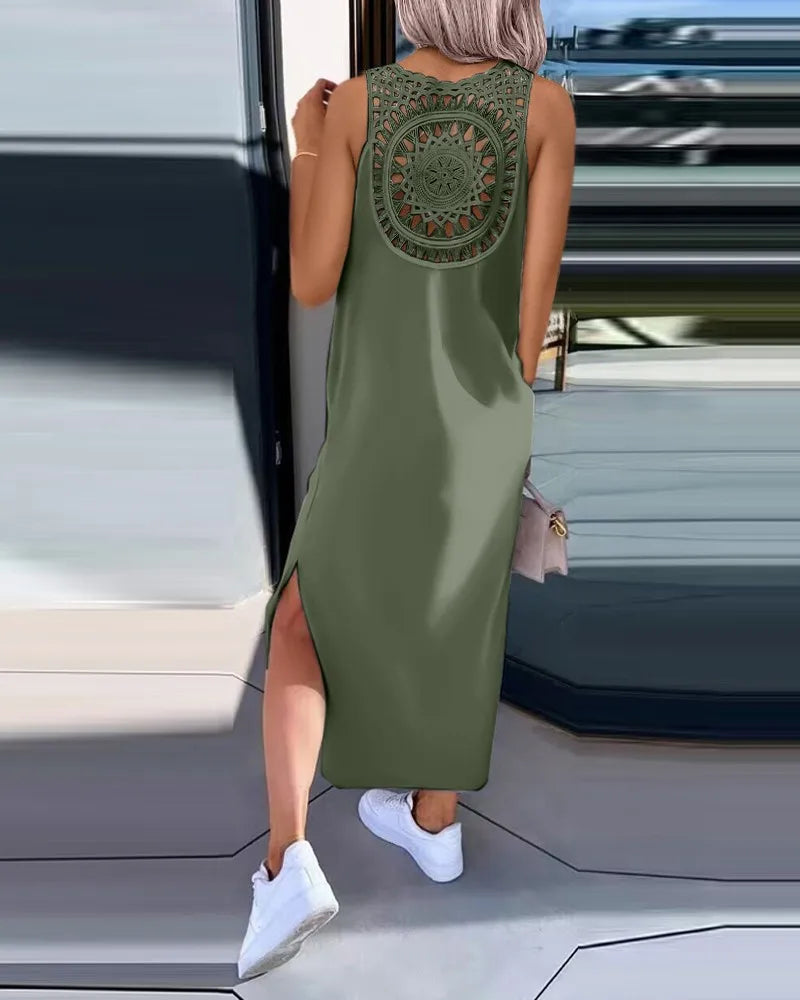 
 vestido longo moda feminina sem mangas o pescoço maxi vestidos para mulher 2024 verão feminino magro split vestidos preto