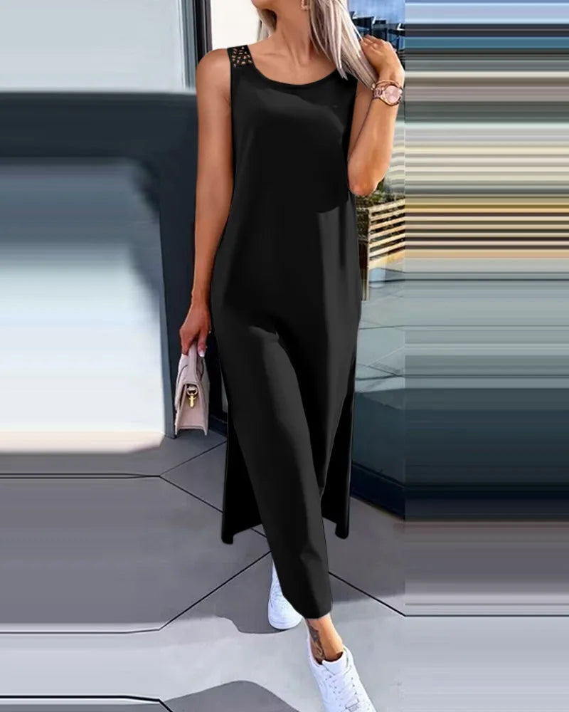vestido longo moda feminina sem mangas o pescoço maxi vestidos para mulher 2024 verão feminino magro split vestidos preto