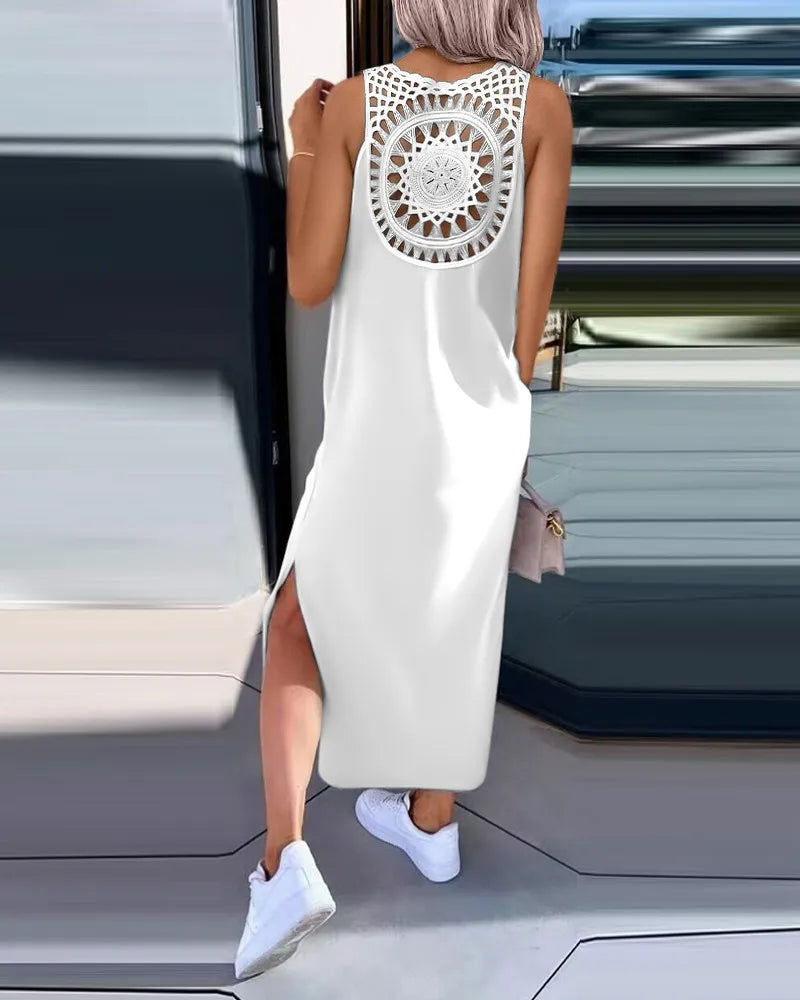  vestido longo moda feminina sem mangas o pescoço maxi vestidos para mulher 2024 verão feminino magro split vestidos preto
