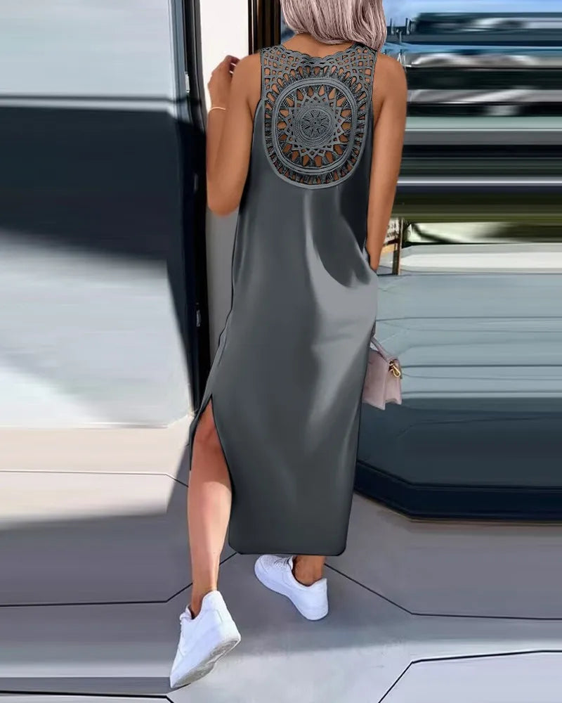  vestido longo moda feminina sem mangas o pescoço maxi vestidos para mulher 2025 verão feminino magro split vestidos preto