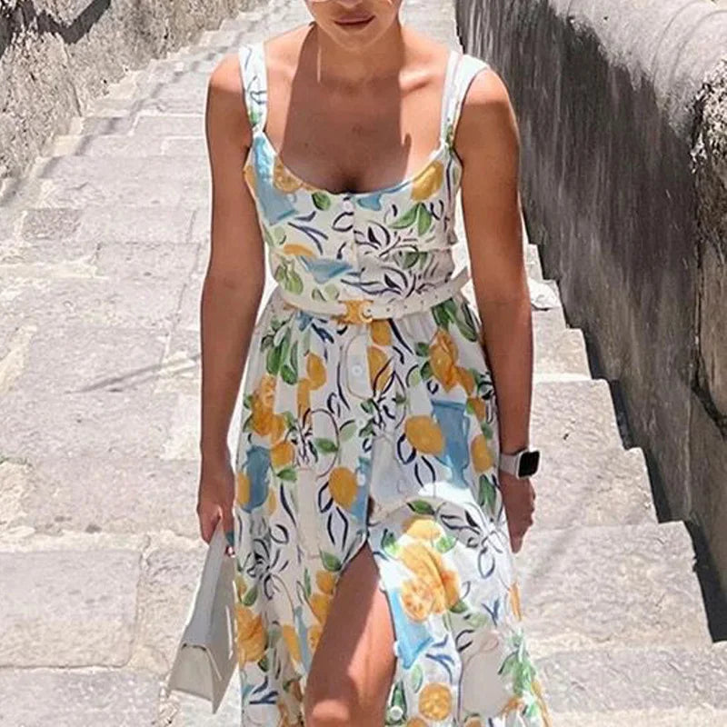 Vestido Longo Feminino Slip Estampado Floral Decotado - Vanessa