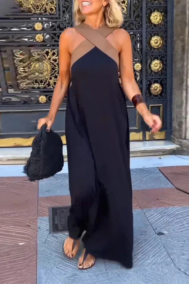 Verão casual solto vestidos de praia moda fora do ombro multi-cor vestido de férias 2026 novas mulheres halter cor bloqueada vestido longo