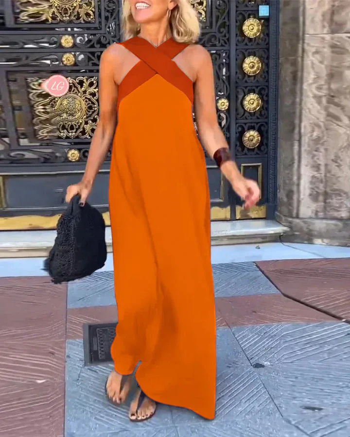 Verão casual solto vestidos de praia moda fora do ombro multi-cor vestido de férias 2025 novas mulheres halter cor bloqueada vestido longo