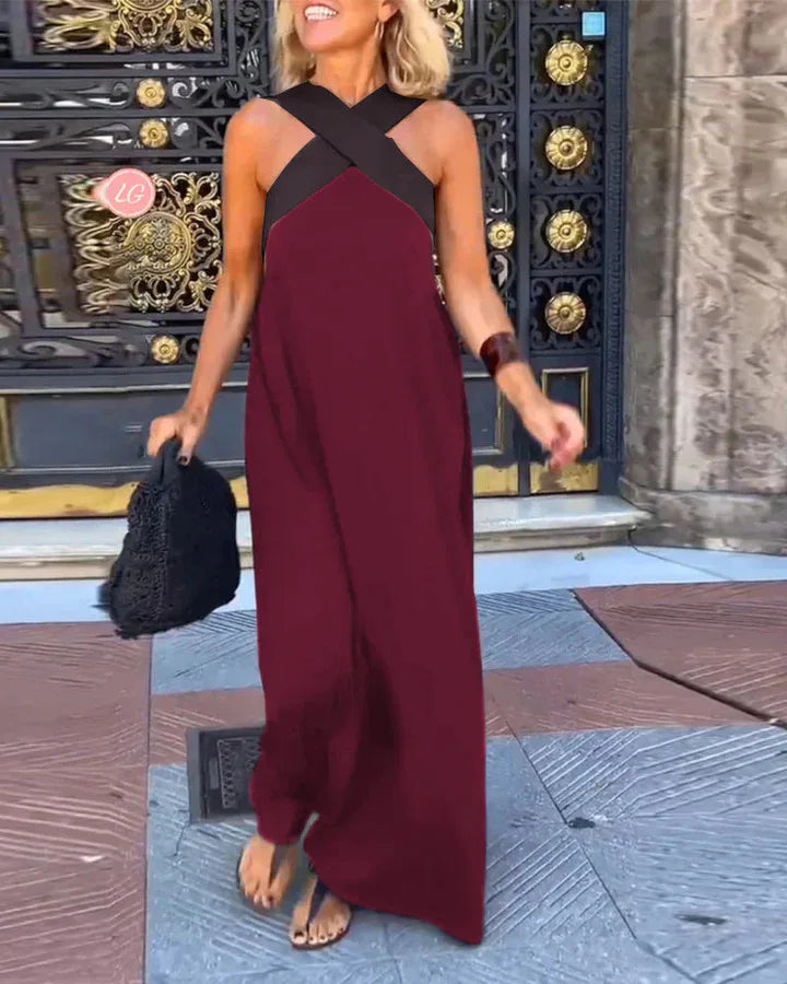 Verão casual solto vestidos de praia moda fora do ombro multi-cor vestido de férias 2026 novas mulheres halter cor bloqueada vestido longo