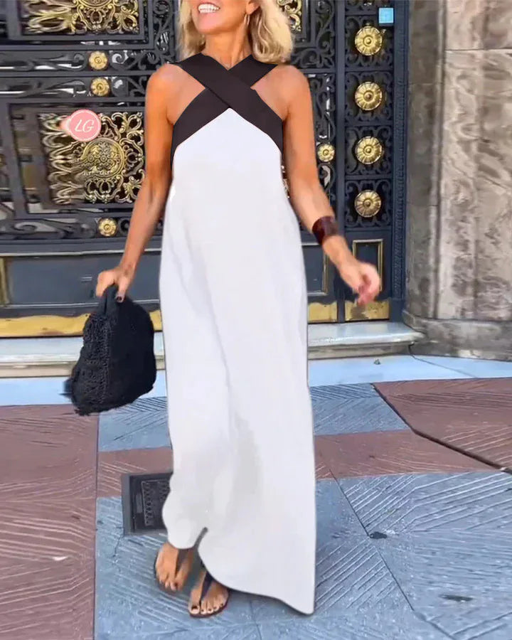 Verão casual solto vestidos de praia moda fora do ombro multi-cor vestido de férias 2026 novas mulheres halter cor bloqueada vestido longo