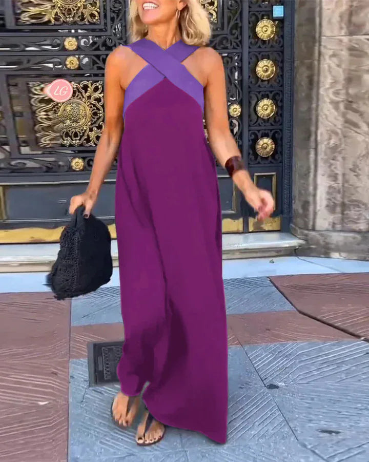 Verão casual solto vestidos de praia moda fora do ombro multi-cor vestido de férias 2026 novas mulheres halter cor bloqueada vestido longo